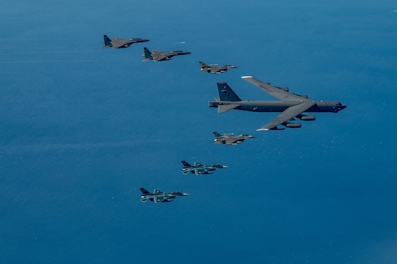 Fighter aircraft from the U.S., Japan, and the Republic of Korea conducted a trilateral escort flight of a U.S. B-52H Stratofortress Bomber operating in the Indo-Pacific, Oct. 22, 2023. U.S. F-16s from the 80th Fighter Squadron, 8th Fighter Wing flew alongside Japan Air Self-Defense Force (JASDF) F-2s from the 8th Air Wing, and Republic of Korea Air Force (ROKAF) F-15Ks from the 11th Wing. (U.S. Air Force photo by Senior Airman Karrla Parra)