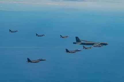 Fighter aircraft from the U.S., Japan, and the Republic of Korea conducted a trilateral escort flight of a U.S. B-52H Stratofortress Bomber operating in the Indo-Pacific, 22 Oct, 2023. U.S. F-16s from the 80th Fighter Squadron, 8th Fighter Wing flew alongside Japan Air Self-Defense Force (JASDF) F-2s from the 8th Air Wing, and Republic of Korea Air Force (ROKAF) F-15Ks from the 11th Wing. (U.S. Air Force photo by Senior Airman Karrla Parra)