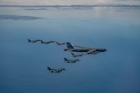 Fighter aircraft from the U.S., Japan, and the Republic of Korea conducted a trilateral escort flight of a U.S. B-52H Stratofortress Bomber operating in the Indo-Pacific, 22 Oct, 2023. U.S. F-16s from the 80th Fighter Squadron, 8th Fighter Wing flew alongside Japan Air Self-Defense Force (JASDF) F-2s from the 8th Air Wing, and Republic of Korea Air Force (ROKAF) F-15Ks from the 11th Wing. (U.S. Air Force photo by Senior Airman Karrla Parra)