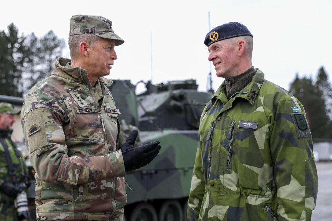 Army Gen. Daniel Hokanson, chief of the National Guard Bureau, meets with members of the Swedish Armed Forces, Boden, Sweden, Oct. 17, 2023. Hokanson visited Sweden as part of a larger Northern European itinerary for talks with defense officials to deepen bilateral ties between the National Guard and Sweden.