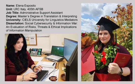 Elena Esposito, the administrative support assistant at Logistics Readiness Center Italy, is a graduate of CIELS University for Linguistics Mediators in Padova, Italy, where she received a master’s degree in translation and interpreting. Esposito was recently selected as LRC Italy’s employee of the quarter (junior grade) for 4th quarter, fiscal year 2023. (Courtesy photo)