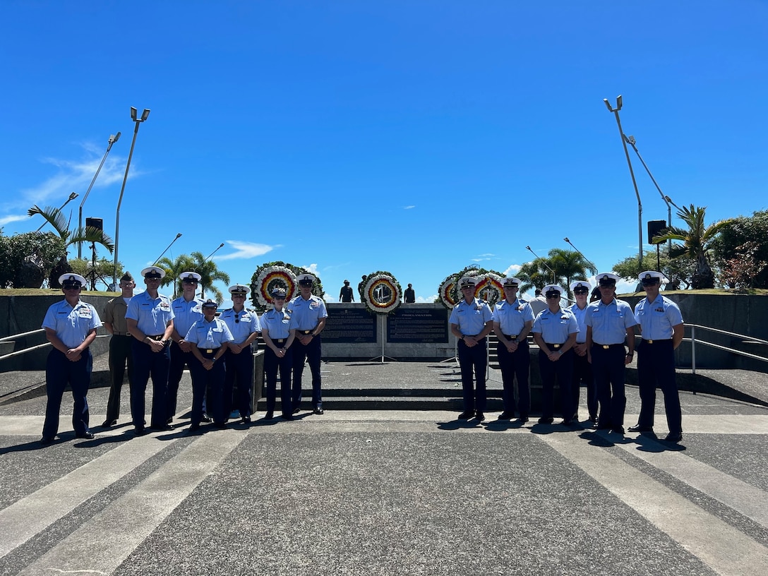 The crew of USCGC Frederick Hatch (WPC 1143) take a moment for a photo at the memorial ceremony commemorating the 79th anniversary of the Leyte Gulf landing on Oct. 20, 2023. In a historic first, the USCGC Frederick Hatch (WPC 1143) visited Tacloban, Philippines, from Oct. 19 to 23, 2023, and the crew conducted engagements marking a significant milestone in the enduring relationship between the United States and the Philippines. (U.S. Coast Guard photo by Lt. Anna Vaccaro)