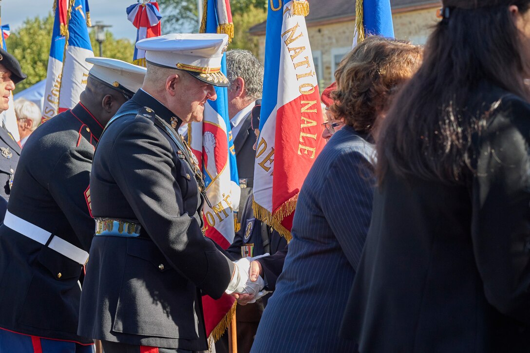 U.S. Marine Corps Maj. Gen. Robert B. Sofge Jr., commander of U.S. Marine Corps Forces Europe and Africa, greets retirees during the Beirut bombing memorial in Lyon, France on Oct. 21, 2023. The Beirut bombing memorial commemorates the 40th anniversary of the attacks conducted against the French and Americans. This event occurs every five years, and notably, it’s the first time a U.S. Marine general has attended in a decade. Together, the French and U.S. Marines honor their comrades who served side by side in Lebanon in 1983, reinforcing the enduring bond between these two nations. (U.S. Marine Corps photo by Lance Cpl. Mary Linniman)