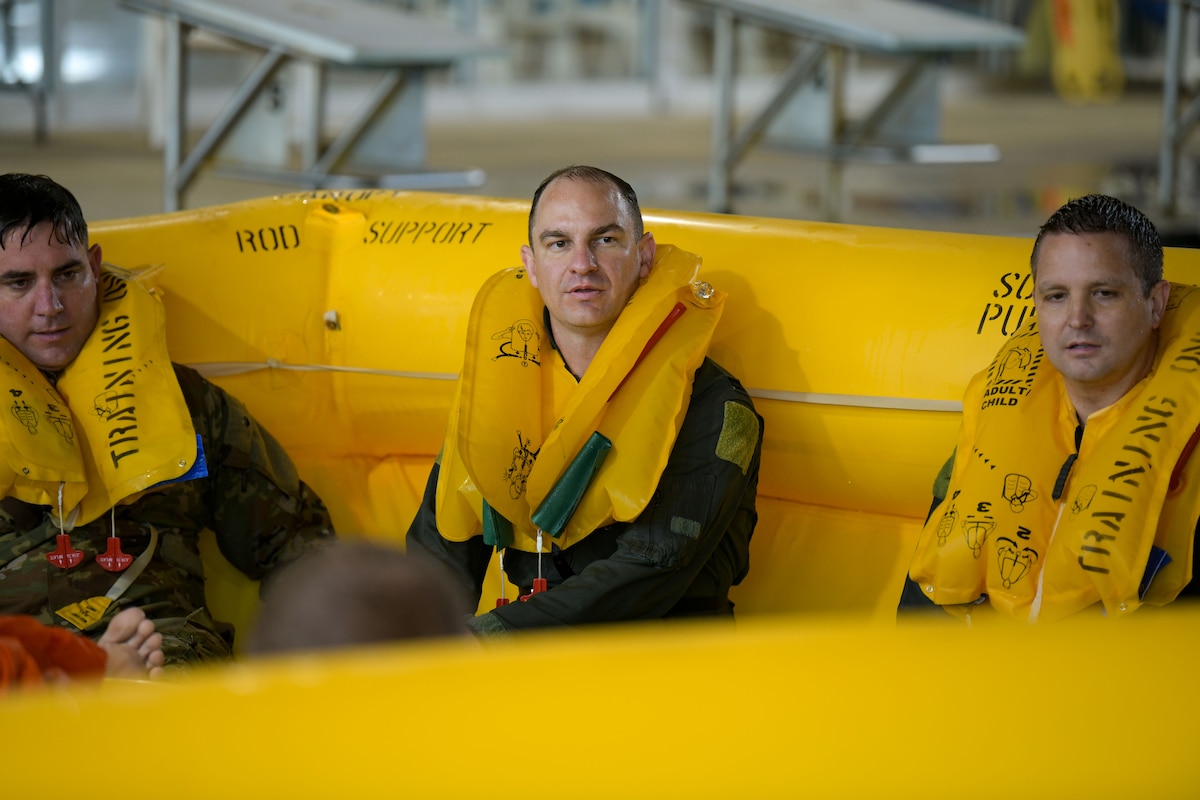 Airmen of the 183rd Airlift Squadron, Jackson, Mississippi, conducted water survival training, a necessity for aircrews operating in a global airlift capacity, April 1-3, 2023. The training taught aircrew members how to use their survival equipment, but also emphasized the application of mental fortitude and physical fitness that will will affect other aspects of their life and career. (U.S. Air National Guard photo by Staff Sgt. Jared Bounds.)