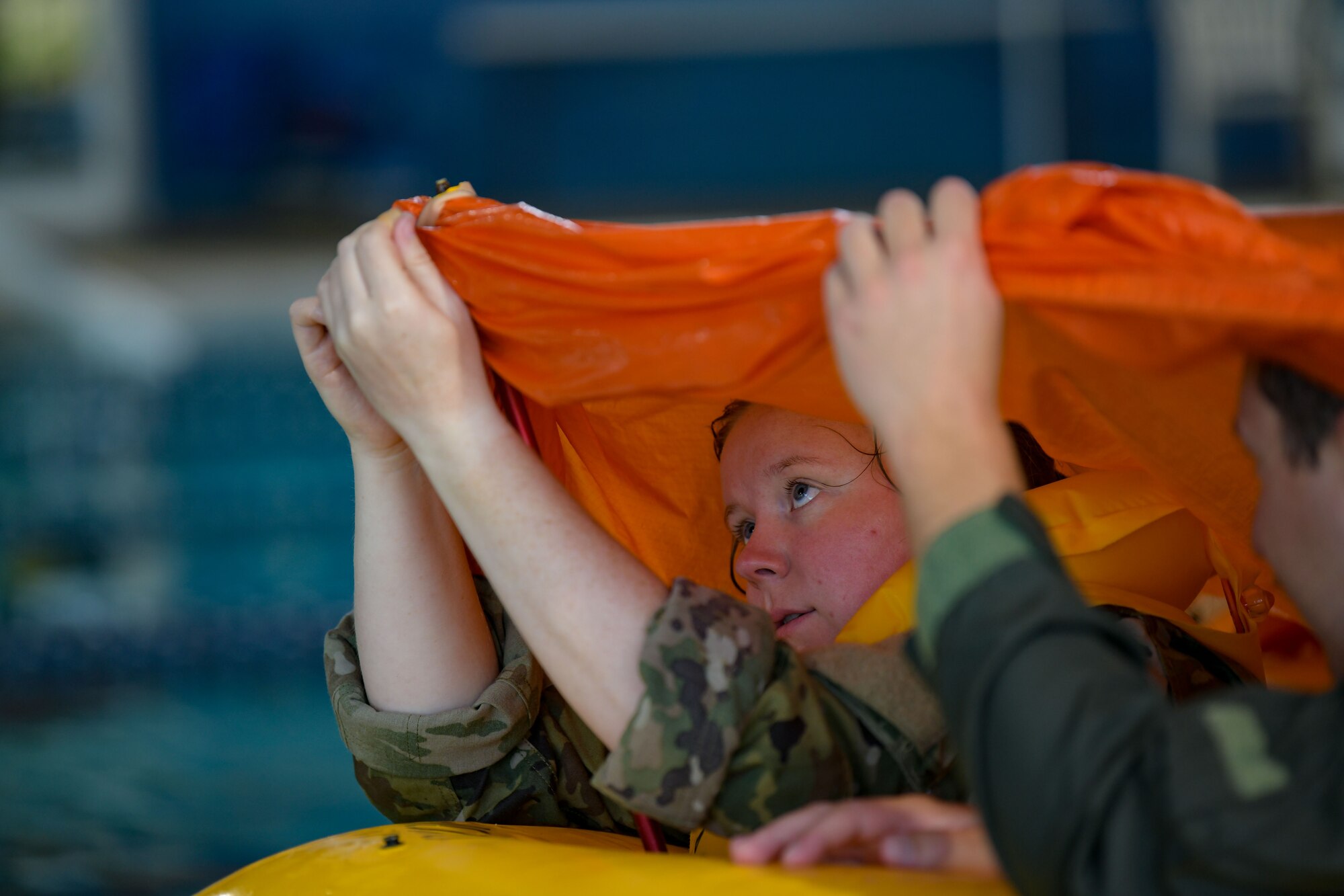 Airmen of the 183rd Airlift Squadron, Jackson, Mississippi, conducted water survival training, a necessity for aircrews operating in a global airlift capacity, April 1-3, 2023. Ultimately, the preparedness instilled by this type of training will affect other aspects of an Airman’s life and career, keeping them ready to overcome any obstacle. (U.S. Air National Guard photo by Staff Sgt. Jared Bounds.)
