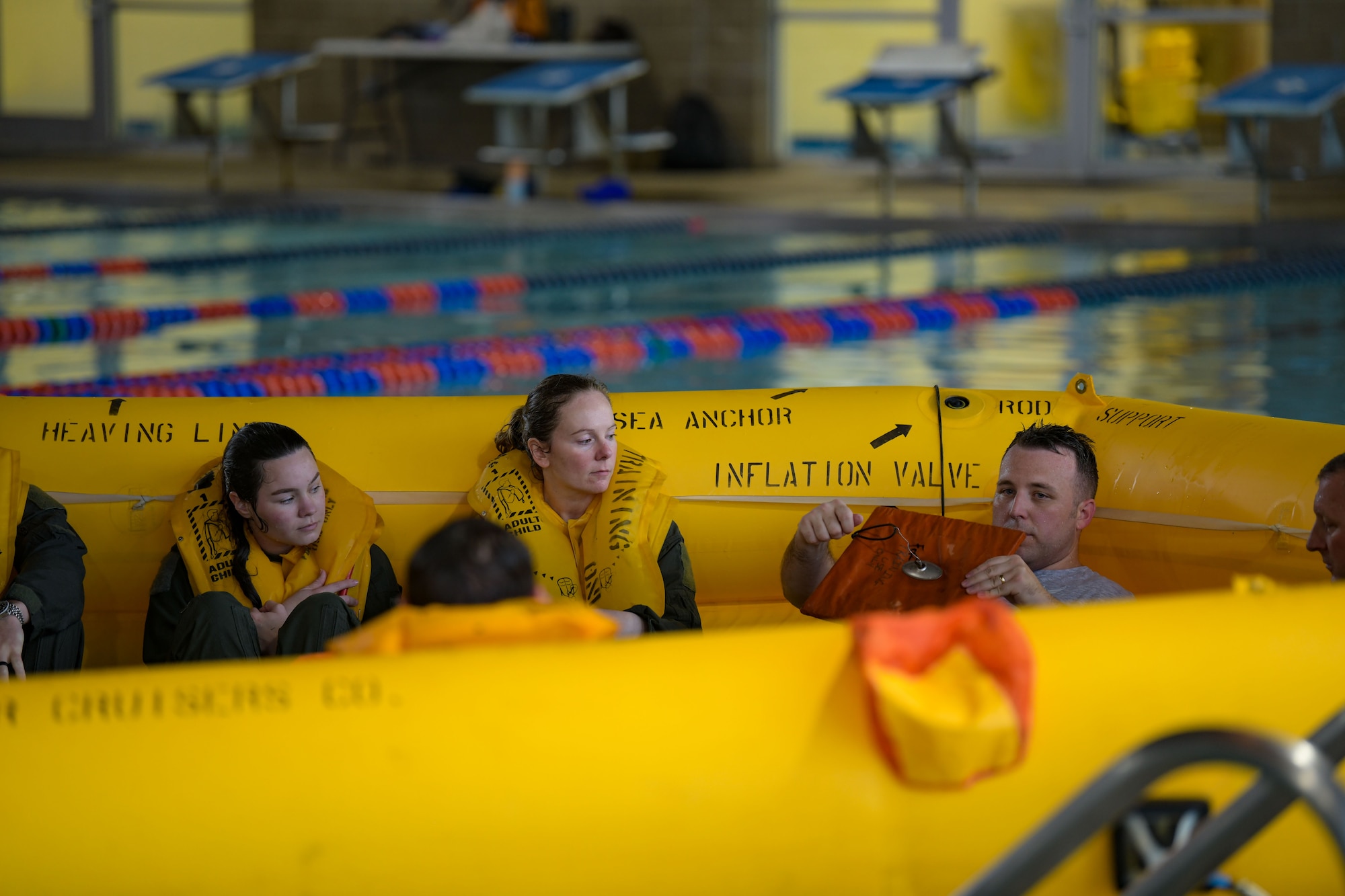 Airmen of the 183rd Airlift Squadron, Jackson, Mississippi, conducted water survival training, a necessity for aircrews operating in a global airlift capacity, April 1-3, 2023. Aircrew members could be expected to survive at sea for days or weeks before being rescued, making their confidence and experience incredibly important. (U.S. Air National Guard photo by Staff Sgt. Jared Bounds.)