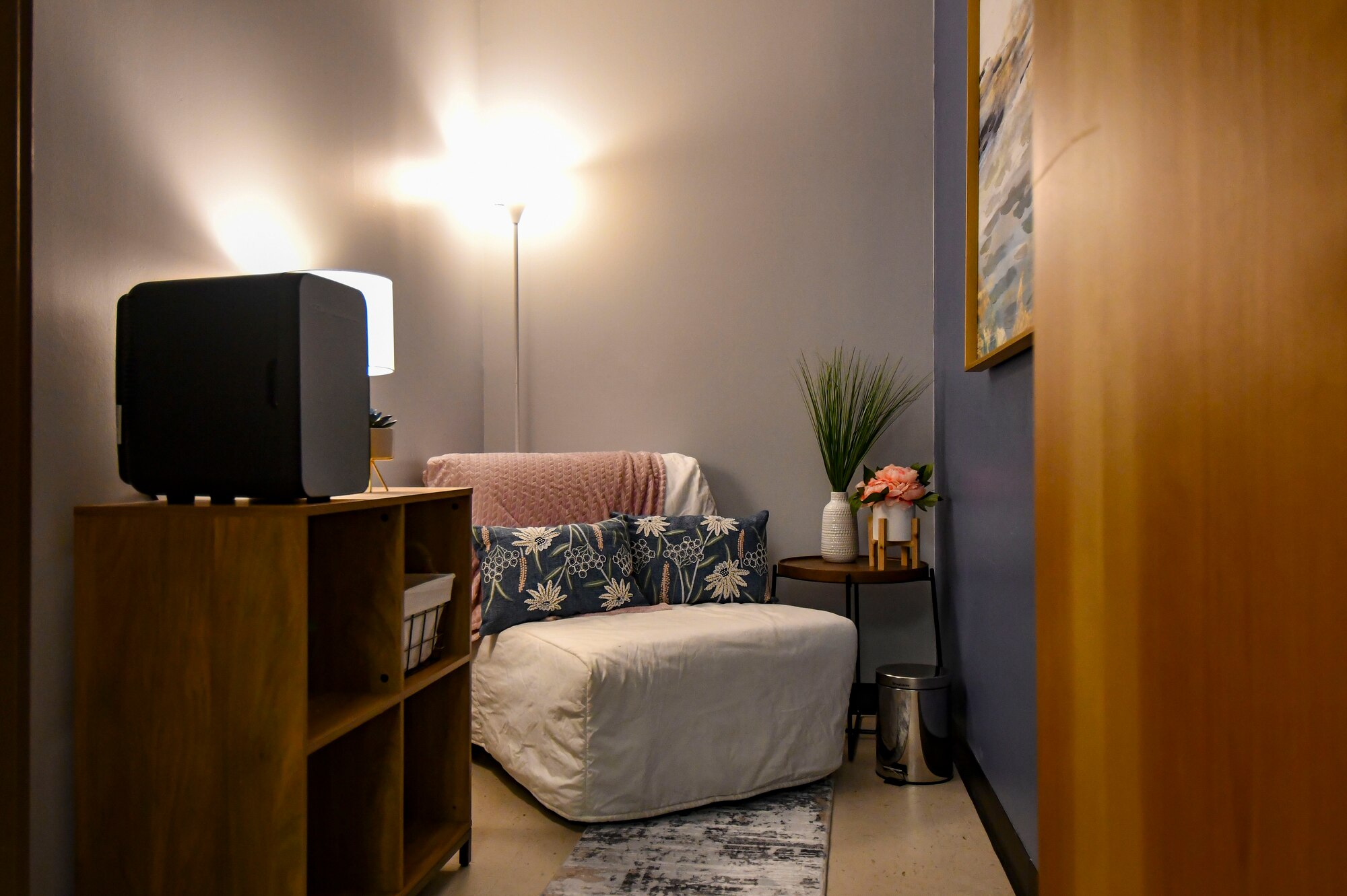 A lactation room for nursing mothers was created inside of the 183rd Aeromedical Evacuation Squadron at the 172nd Airlift Wing, Jackson, Mississippi on May 7, 2023. The room is outfitted with a refrigerator, a comfortable chair, a table, storage space and other items nursing mothers may need to have a cozy, clean and private place to pump. (U.S. Air National Guard Photo by 1st Lt. Kiara Spann/released)