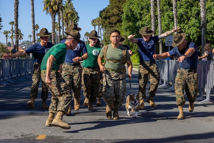 U.S. Marine Corps drill instructors with Recruit Training Regiment, motivate Pfc. Bruno, the mascot for Marine Corps Recruit Depot San Diego and Western Recruiting Region, and his handler, Cpl. Joshua Dreher, a combat graphics specialist with Headquarters and Service Battalion, as they approach the finish line at Marine Corps Recruit Depot San Diego, Oct. 21, 2023. For the past 21 years the Boot Camp Challenge has offered a unique opportunity to the public to step into the shoes of a future Marine, guided by drill instructors to conquer a three-mile obstacle race and gain experience into what recruits go through during boot camp. (U.S. Marine Corps photo by Cpl. Alexander O. Devereux)