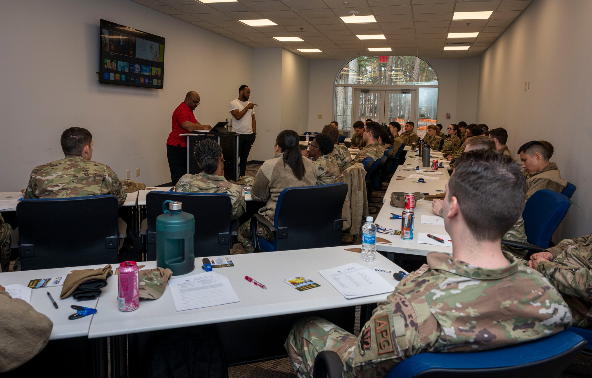 Air Force Tech. Sgt. Augustus Williams, 4th Fighter Wing drug demand reduction program manager, facilitates a resilience class with First Term Airmen, at Seymour Johnson Air Force Base, North Carolina, Dec. 14, 2022. Williams encourages other Airmen to build their resilience and ask for help when they need it. (U.S. Air Force photo by Senior Airman Sabrina Fuller)