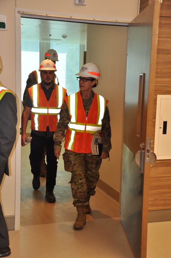 Maj. Gen. Kimberly Colloton, U.S. Army Corps of Engineers deputy commanding general for Military and International Operations, tours the interior of the new mental health in-patient building nearing completion at the Veterans Affairs Long Beach Healthcare System Oct. 12 in Long Beach, Calif.