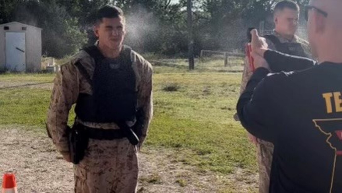 Marines conduct training with Oleoresin Capsicum (OC) spray, giving them the tools to employ on duty and overcome the effects should they come in contact on scene.