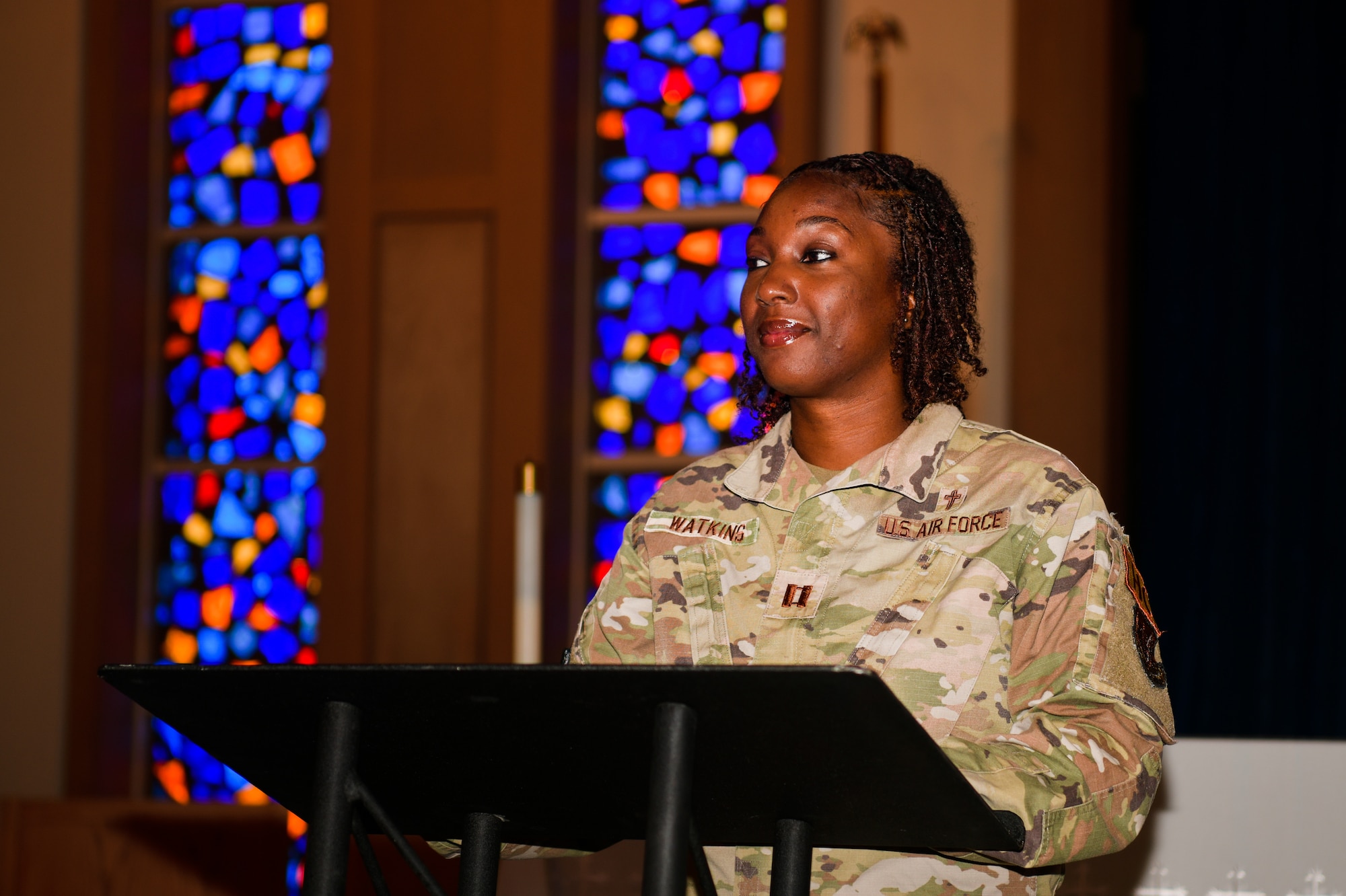 U.S. Air Force Capt. Donsha Watkins, 9th Reconnaissance Wing chaplain, stands at the podium inside of the Foothills Chapel on Beale Air Force Base, California, Oct. 19, 2023.