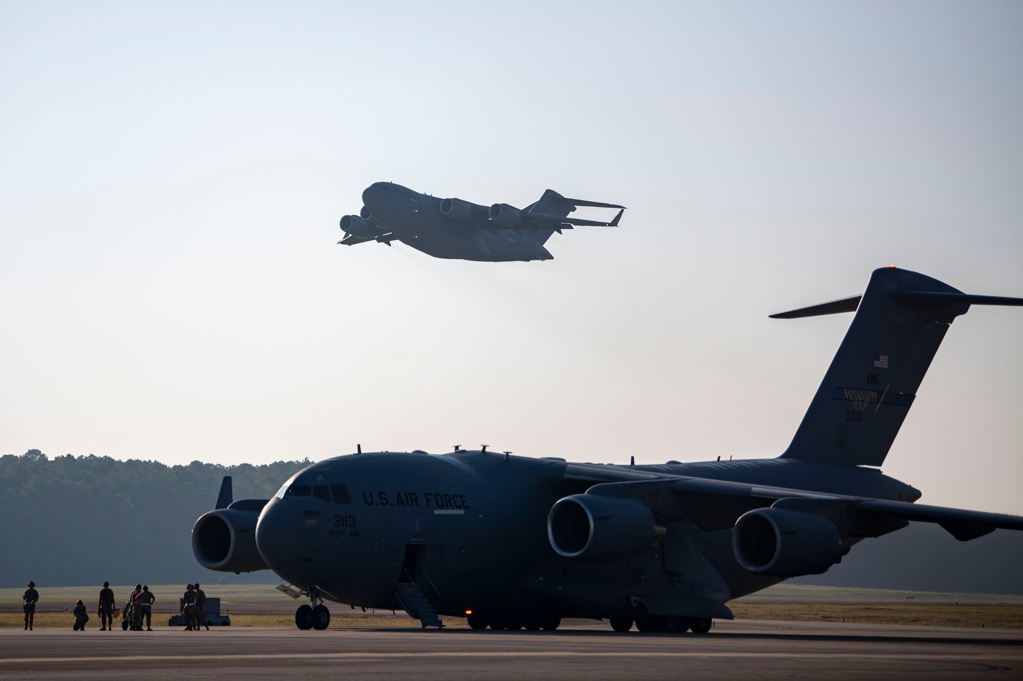 A C-17 Globemaster III assigned to the 172nd Airlift Wing prepares for takeoff during Operation Iron Magnolia in Jackson, Mississippi, September 9, 2023. Operation Iron Magnolia brought together the strengths and skills of Airmen from across the 172nd Airlift Wing in order to generate maximum airlift capability sustained by the Multi-capable Airman concept, in spite of operational stress. (U.S. Air National Guard Photo by Capt. Kiara Spann)