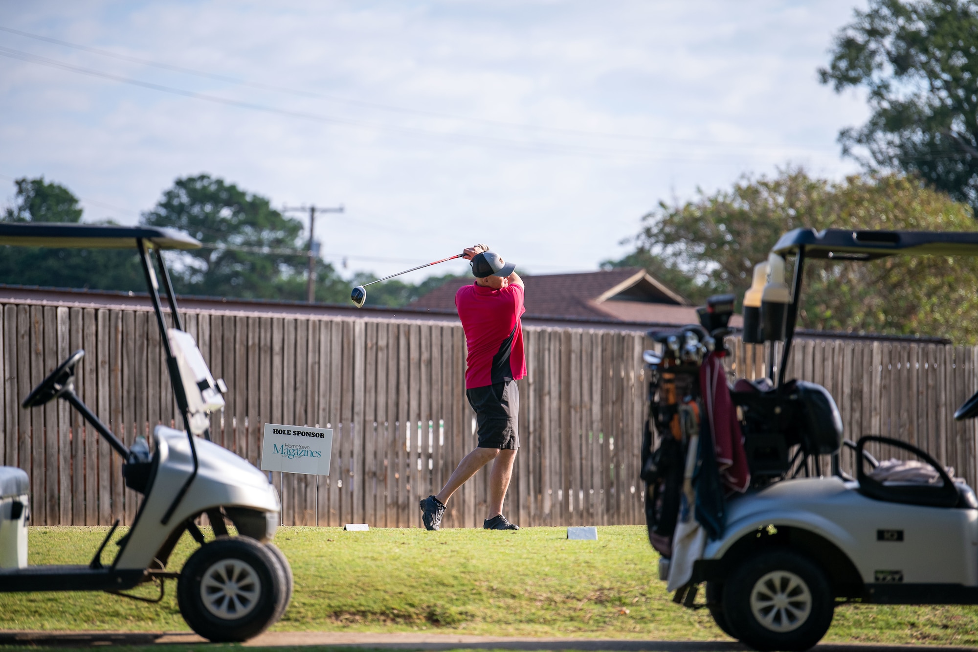 Master Sgt. Michael Giramonti, a 172nd Security Forces Defender, tees off at the third annual Fallen Airmen Memorial Golf Tournament at Canton Country Club, Canton, Mississippi, on September 15, 2023. The FAM Golf Tournament is a servicemember-led initiative that benefits the 172nd AW Family Relief Fund, raising thousands of dollars for Air National Guard Families every year. (U.S. Air National Guard photo by Staff Sgt. Jared Bounds.)