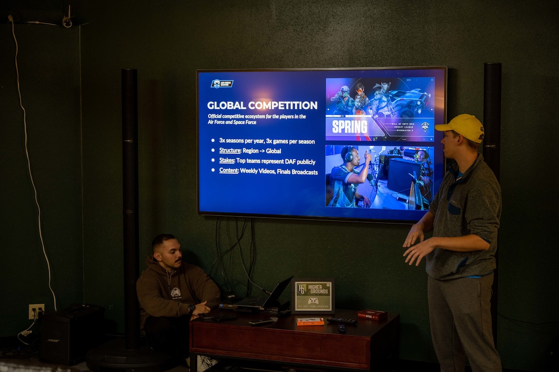 Airmen stationed at Ellsworth Air Force Base present PowerPoints at the Higher Grounds facility on Ellsworth AFB, Oct. 20, 2023. The Ellsworth Active Airman’s Council held a ''PowerPoint Night'' as part of the “October Sober” initiative put in place to inspire morale and camaraderie without the use of alcohol. (U.S. Air Force photo by Specialist 3 Adam Olson)