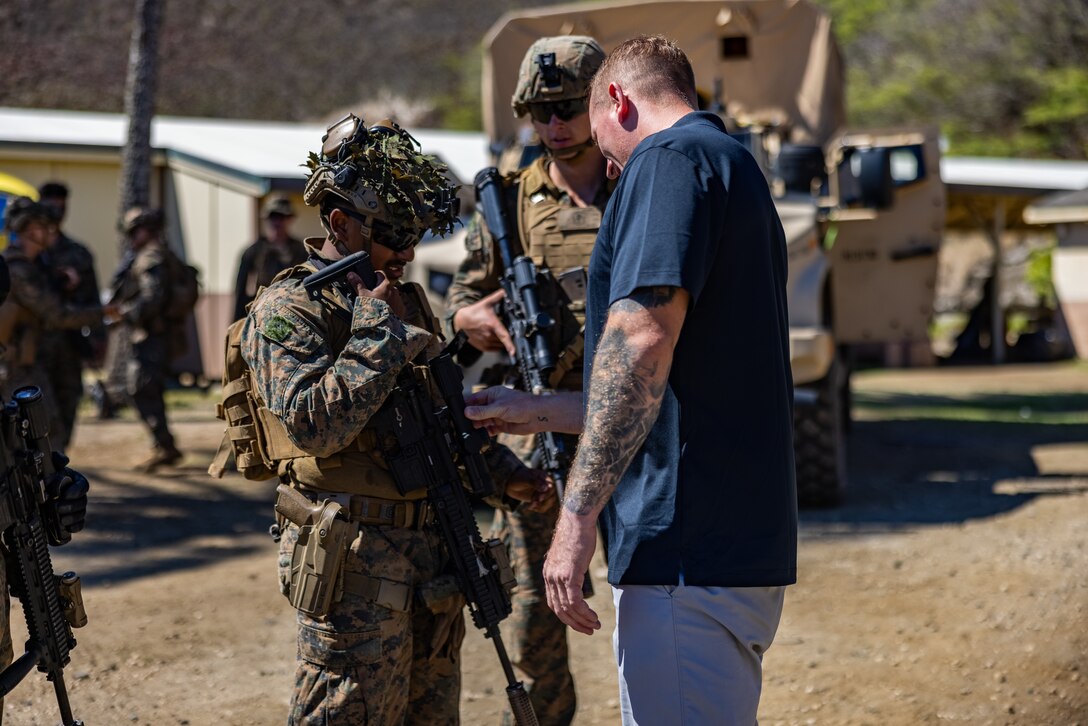 Medal of Honor recipient, Dakota Meyer, meets U.S. Marines with 3d Littoral Combat Team, 3d Marine Littoral Regiment, 3d Marine Division, to watch their training and speak about leadership opportunities during a visit at Marine Corps Base Hawaii, Oct. 19, 2023. Meyer received the Medal of Honor for his daring initiative and bold fighting spirit while serving in Afghanistan.