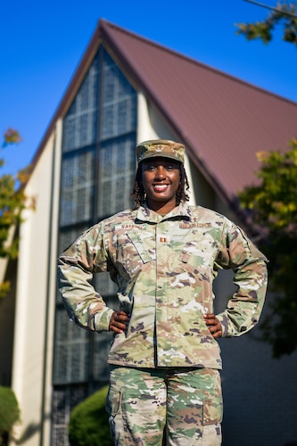 U.S. Air Force Capt. Donsha Watkins, 9th Reconnaissance Wing chaplain, stands in front of the Foothills Chapel on Beale Air Force Base, California, Oct. 19, 2023.