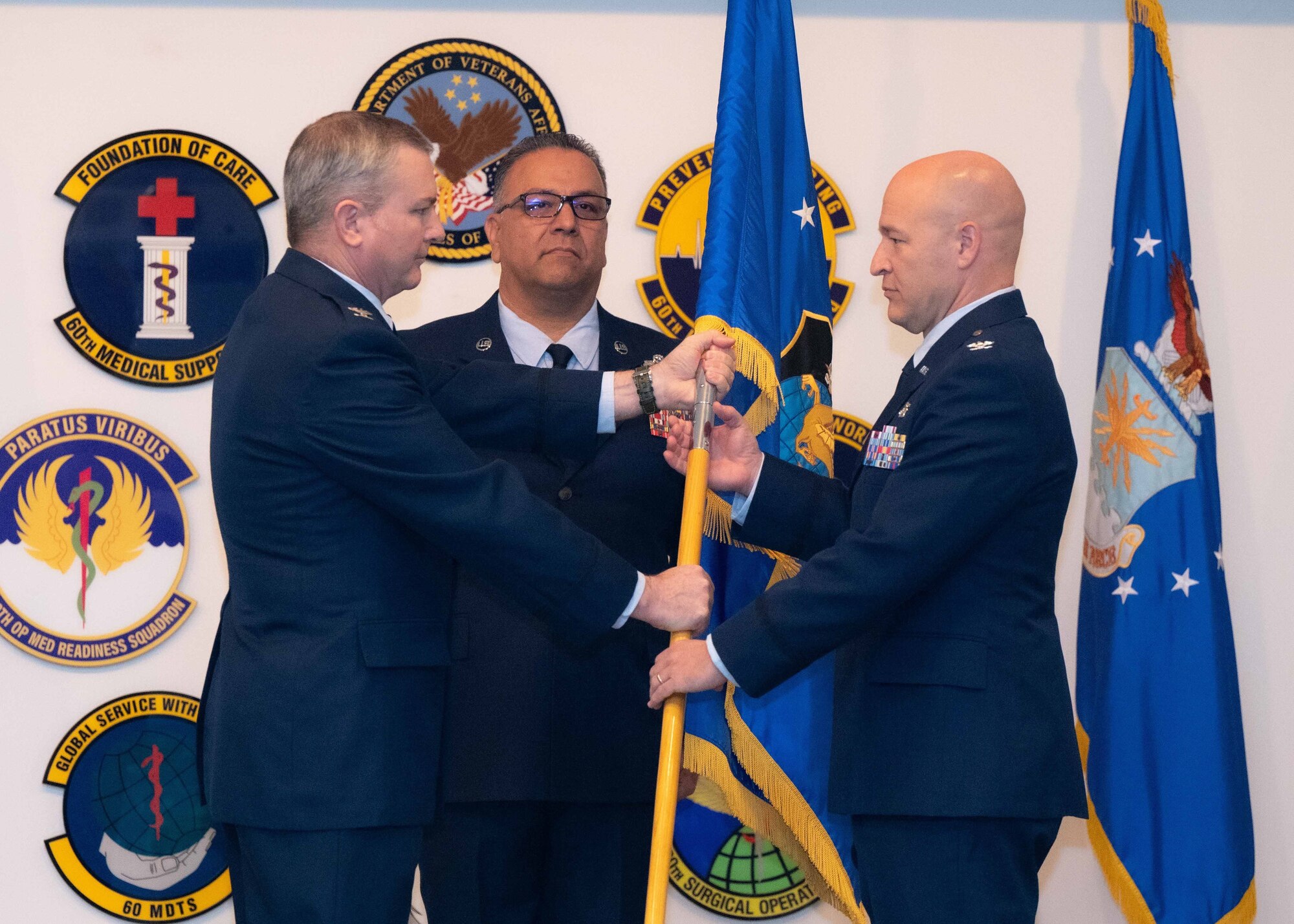 Col. Jody Cowan took command of the 349th Medical Group during the assumption of command ceremony at Travis Air Force Base, Oct. 14, 2023.