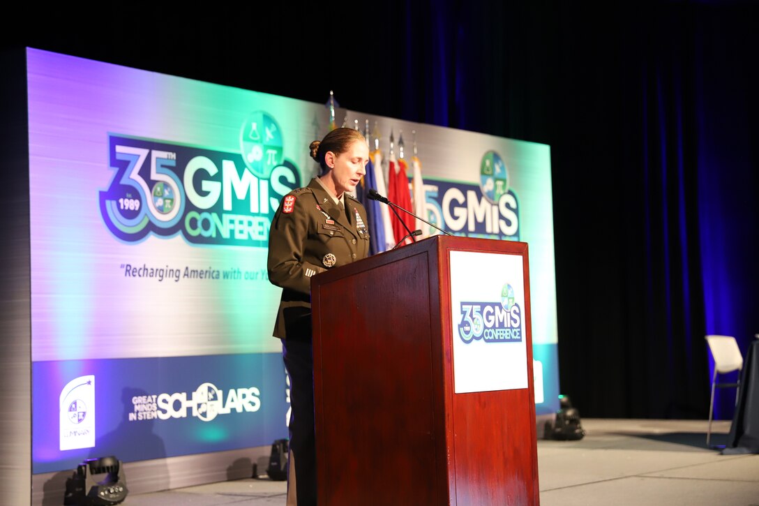 Maj. Gen. Kimberly Colloton (left), U.S. Army Corps of Engineers deputy commanding general for Military and Interagency and International Services on behalf of Lt. Gen. Spellman, commanding general of the U.S. Army Corps of Engineers speaks to senior leaders from both USACE and GMIS audience at the 35th GMiS STEM Hero dinner Oct.12.