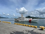 USCGC Frederick Hatch (WPC 1143) departs from the Tacloban, Philippines pier on Oct. 23, 2023. In a historic first, the USCGC Frederick Hatch (WPC 1143) visited Tacloban, Philippines, from Oct. 19 to 23, 2023, and the crew conducted engagements marking a significant milestone in the enduring relationship between the United States and the Philippines. (U.S. Coast Guard photo by lt. Anna Vacarro)