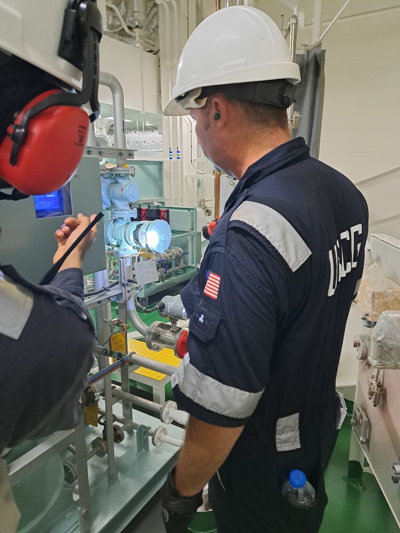 Marine inspectors from the U.S. Coast Guard Forces Micronesia/Sector Guam, under the authority of the Captain of the Port Guam, conduct a Certificate of Compliance (COC) examination and Port State Control inspection on the tank vessel Cindy Glory while in Guam, on Sept. 22, 2023. This inspection marked a significant milestone as it was the vessel's first COC and first time in U.S. waters. The Cindy Glory, a state-of-the-art 600-foot tanker built in 2023 and flagged out of the Republic of the Marshall Islands, underwent rigorous scrutiny during the inspection, where no deficiencies were found. (U.S. Coast Guard photo by Petty Officer 2nd Class Ben Smits)