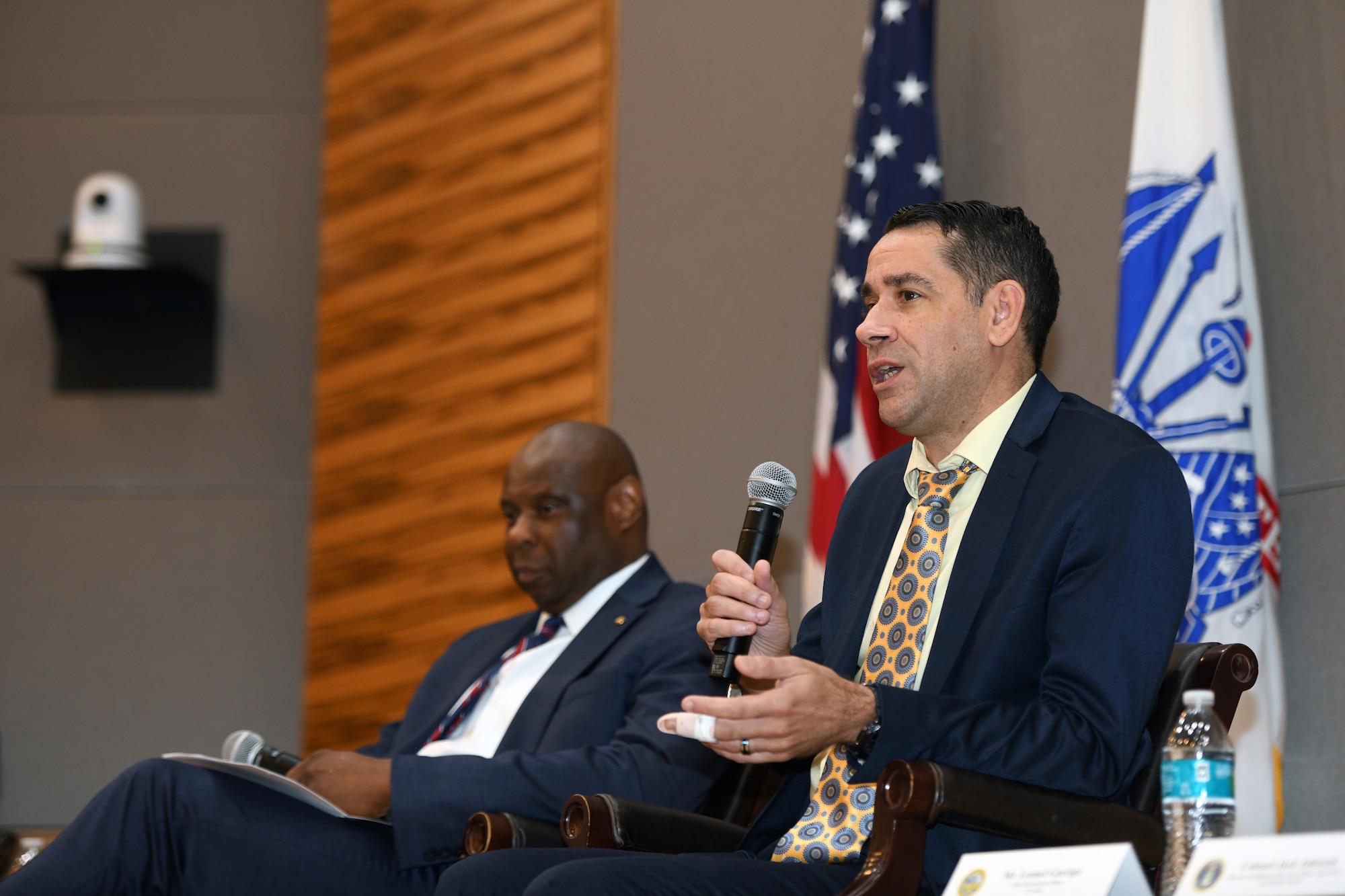 Leonel Garciga, chief information officer for the Army, illustrates a point during a townhall discussion about cybersecurity Oct. 19, 2023, at the Herbert R. Temple Jr. Army National Guard Readiness Center, Arlington Hall Station, Virginia. The event was hosted by the National Guard Bureau’s communications and computers directorate.