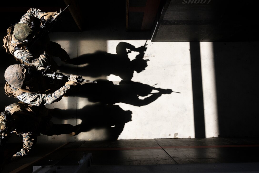 U.S. Marines with 1st Battalion, 4th Marine Regiment, 1st Marine Division, clear a hallway during a raid leaders course hosted by Expeditionary Operations Training Group, I Marine Expeditionary Force, at Marine Corps Base Camp Pendleton, California, Sept. 28, 2023. Instructors with EOTG trained the Marines to help enhance their tactics, techniques, and procedures for raid operations for future deployments. EOTG is a section of the I MEF command element that trains and evaluates deploying Marine Expeditionary Units, and other designated forces, in select individual and collective tasks to prepare them to support geographic combatant commands.