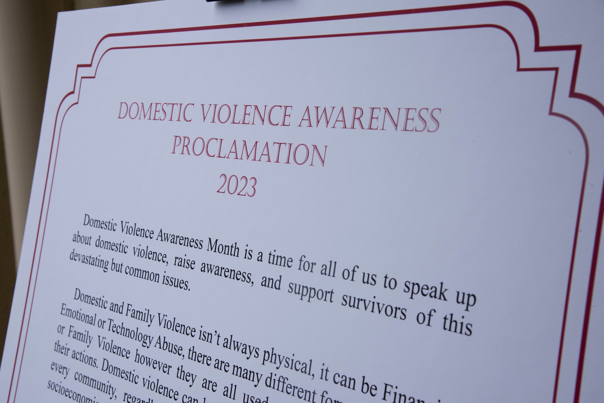 A Domestic Violence Awareness Proclamation is placed in front of the new helping agency building at Misawa Air Base, Japan, Oct. 5, 2023.