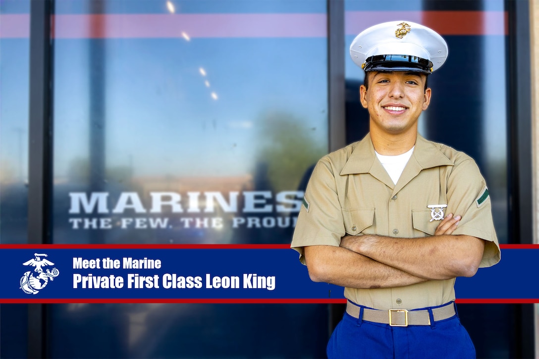 U.S. Marine Corps Private First Class Leon King takes a photo outside of Recruiting Sub-Station Tempe, Arizona, Oct. 16, 2023. King returned as a recruiters assistance and will attend School of Infantry West in Camp Pendleton, Ca. (U.S. Marine Corps photo by Sgt Symira Bostic