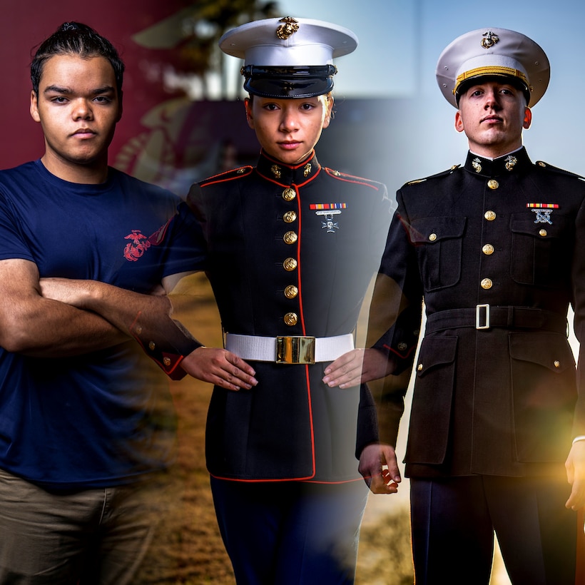Donovan Smith, a U.S. Marine Corps poolee, U.S. Marine Corps Lance Cpl. Samantha Phipps, a bulk fuel specialist with Bulk Fuel Company Charlie, and U.S. Marine Corps 2nd Lt. Jonathan Bromley, a temporary officer selection officer with Recruiting Station Phoenix, pose for portrait in Arizona.