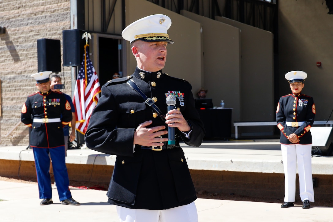 U.S. Marine Corps Maj Keegan Kinkade gives a speech during the inaugural Hispanic International Heritage Festival in Sierra Vista, Arizona, Sept. 30, 2023. Marines and poolees attended the event to show support and patriotism with the local community. (U.S. Marine Corps photo by Cpl Symira Bostic)