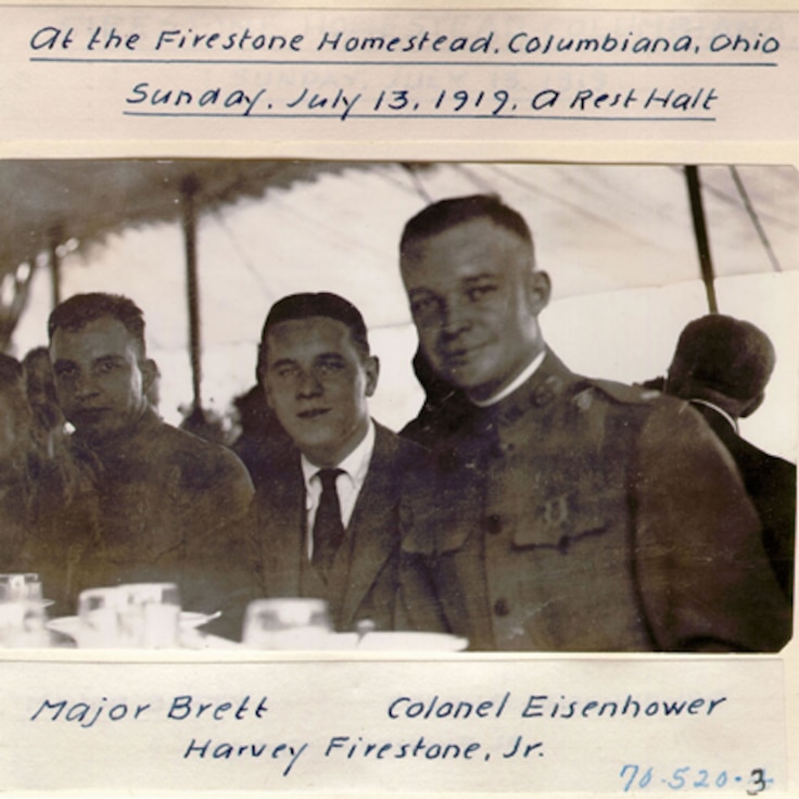 Major Brett, Harvey Firestone Jr., and Colonel Eisenhower at the Firestone Homestead, Columbiana, Ohio, Sunday, July 13, 1919.