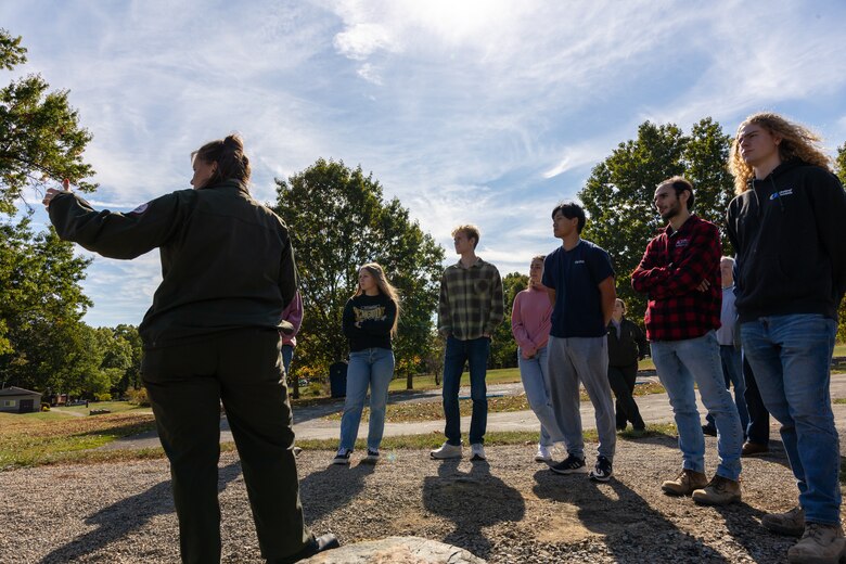 In a convergence of academia and real-world engineering, a group of students from the University of Pittsburgh’s Hydrologic Analysis and Design course explored the Conemaugh River Dam to expand their engineer learning beyond conventional classroom boundaries. April Richards, a park ranger with the U.S. Army Corps of Engineers Pittsburgh District, describes the survey process for the whole river basin before selecting the spot where Conemaugh Dam was constructed during a tour of the dam to University of Pittsburgh students in Saltsburg, Pennsylvania, Oct. 13, 2023.