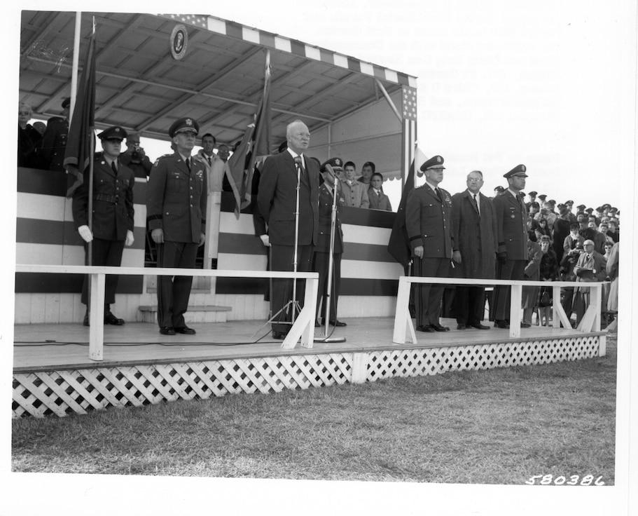 President Dwight D, Eisenhower  addresses the troops during  Presidential Parade  and review held in his honor at Fort Gordon,