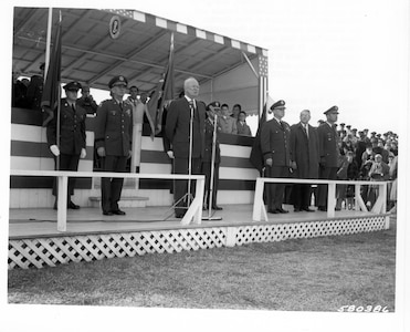 President Dwight D, Eisenhower  addresses the troops during  Presidential Parade  and review held in his honor at Fort Gordon,