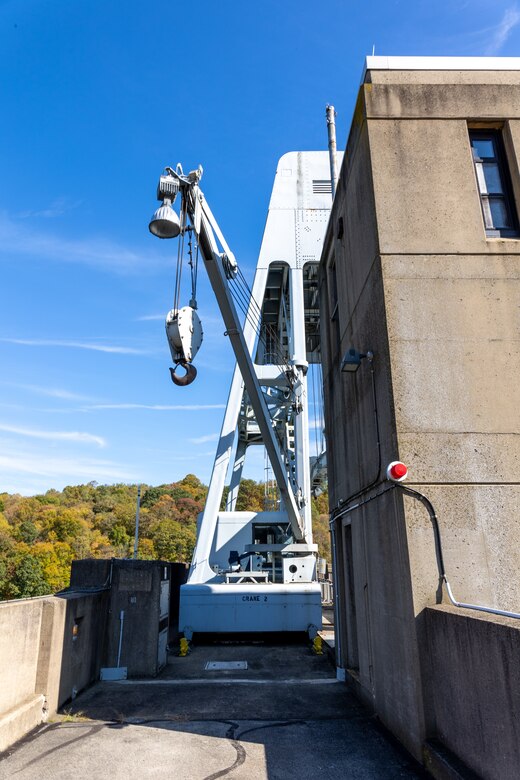 In a convergence of academia and real-world engineering, a group of students from the University of Pittsburgh’s Hydrologic Analysis and Design course explored the Conemaugh River Dam to expand their engineer learning beyond conventional classroom boundaries. A gantry crane sits atop the Conemaugh River Dam in Saltsburg, Pennsylvania, Oct. 13, 2023.