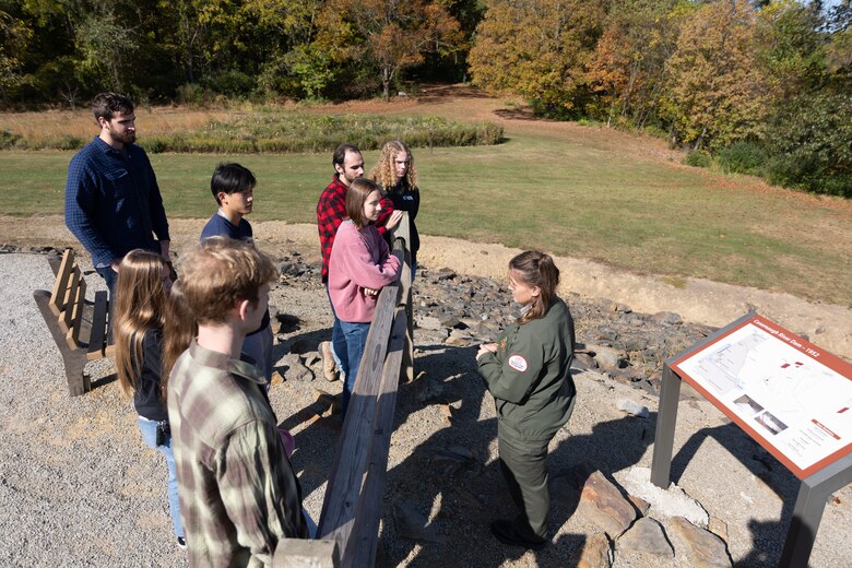 In a convergence of academia and real-world engineering, a group of students from the University of Pittsburgh’s Hydrologic Analysis and Design course explored the Conemaugh River Dam to expand their engineer learning beyond conventional classroom boundaries. April Richards, a park ranger with the U.S. Army Corps of Engineers Pittsburgh District, describes the construction process for Conemaugh River Dam to University of Pittsburgh students during a tour of the dam in Saltsburg, Pennsylvania, Oct. 13, 2023.
