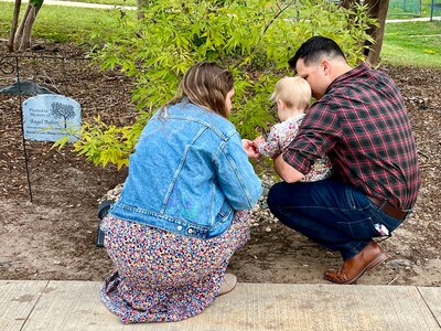 Family kneeling placing rocks under a tree