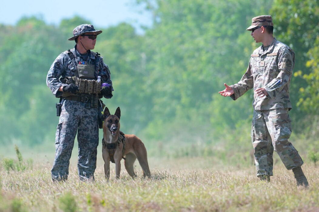 member of Japanese Defense Force stands with dog and holds conversation with U.S. Air Force Airman