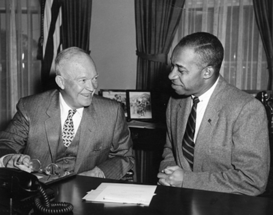 President Eisenhower meets with E. Frederic Morrow, the first African American to hold an executive position at the White House.  He served as President Eisenhower's Administrative Officer of Special Projects from 1955-1961.