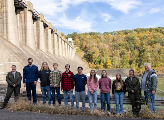 In a convergence of academia and real-world engineering, a group of students from the University of Pittsburgh’s Hydrologic Analysis and Design course explored the Conemaugh River Dam to expand their engineer learning beyond conventional classroom boundaries. University of Pittsburgh students pose for a group photo with U.S. Army Corps of Engineers park rangers at Conemaugh River Dam in Saltsburg, Pennsylvania, Oct. 13, 2023. From left to right: Ranger Emily Potter, Spencer Matan, Ben Johnson, Matt Niznik, George Strish, Eugene Kwom, Kara Schmitt, Amanda Lee, Jess Chamberlain, Ranger April Richards, and Professor Werner Loehlein.