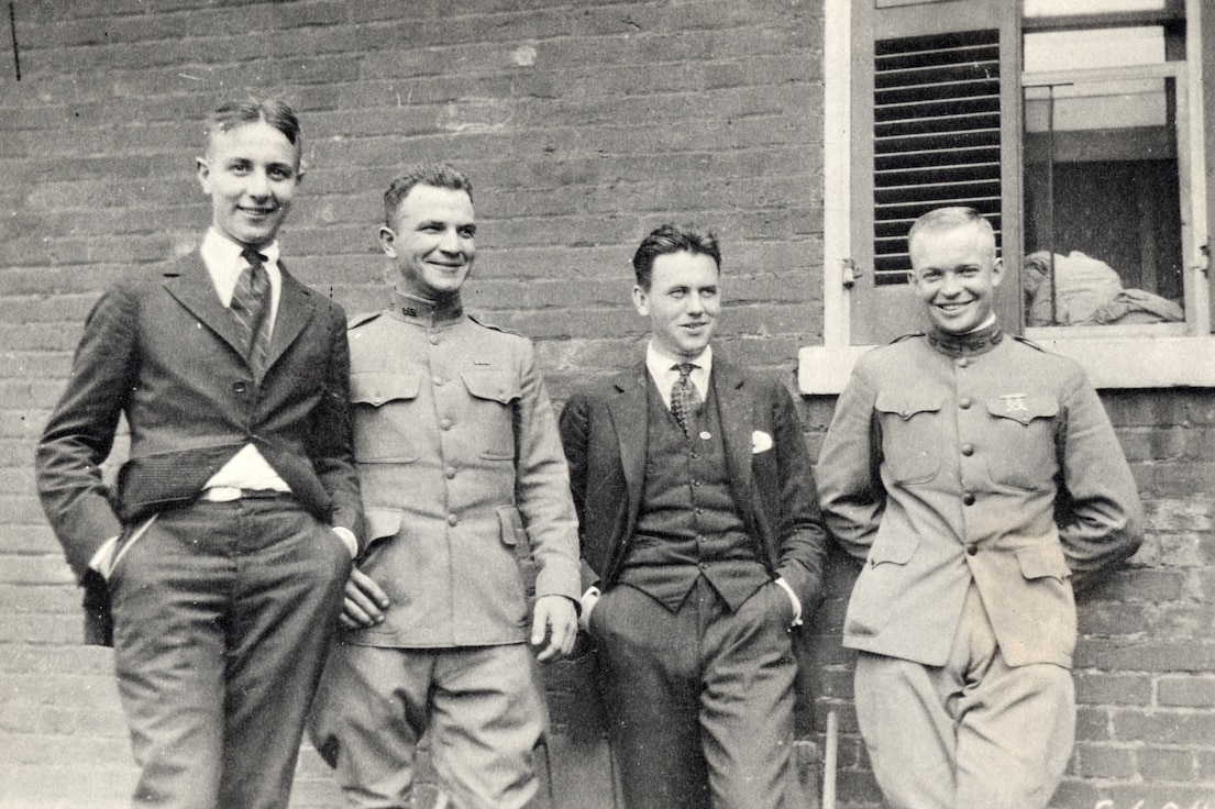 Visit of transcontinental motor convoy at Firestone Homestead, Columbiana, Ohio.  L to R: William Stuhler, Major Brett, Paul V. Robinson & Dwight Eisenhower.