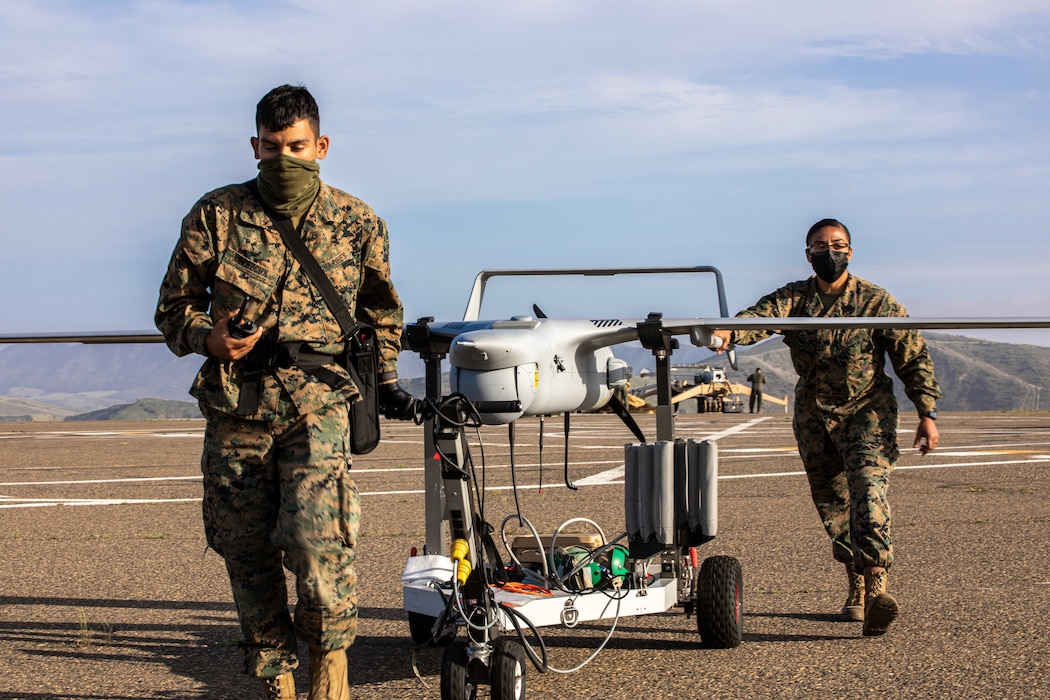 Marines with Marine Unmanned Aerial Vehicle Squadron 4 (VMU-4) recover the RQ-21A Blackjack during unmanned air system (UAS) training at Camp Talega, California, April 10, 2021. VMU-4 conducts this training in order to enhance aviation mission readiness while refreshing Reserve Marines’ knowledge on the RQ-21A UAS and emergency procedures. (U.S. Marine Corps photo by Cpl. J’Vonnta Taylor)