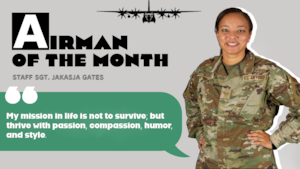 Female Airman with white creative outline of her body on graphic with words Airman of the Month