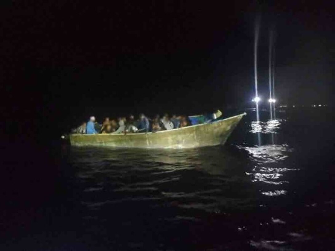 An unlawful irregular migration voyage is interdicted Oct. 23, 2023, by Caribbean Border Interagency Group partner agencies off the west coast of Aguadilla, Puerto Rico.  Coast Guard Cutter Heriberto Hernandez repatriated 14 of the 15 migrants to Dominican Republic, while one other migrant is in federal custody facing federal prosecution for attempting to re-enter illegally into the United States. (U.S. Coast