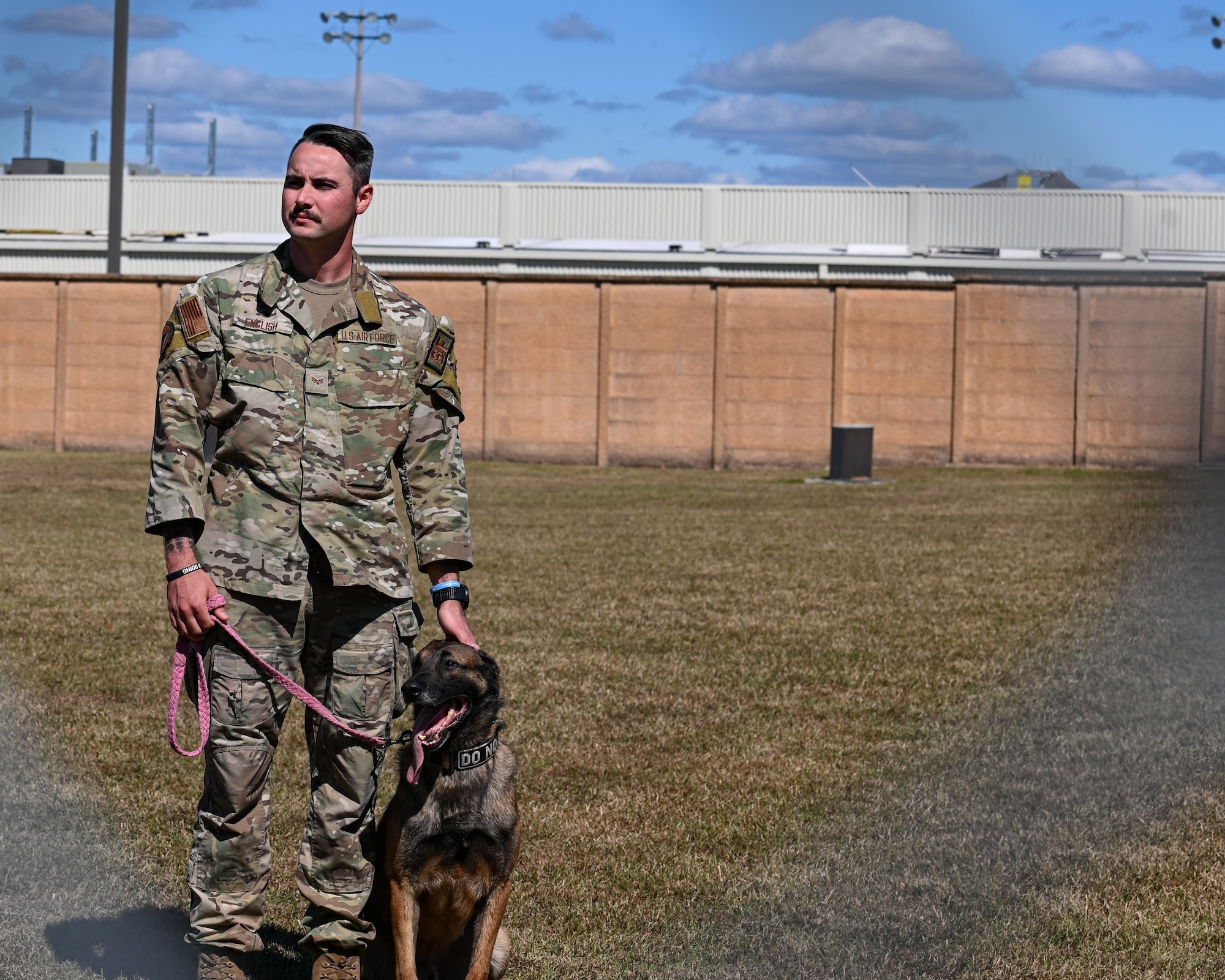 SrA Colin English 14th SFS K-9 Handler stands by K-9 Dalton during a dog bite demo at Columbus Air Force Base, MS, Oct. 16, 2023. The K-9s are trained to await commands from their handlers. (U.S. Air Force photo by A1C Jessica Blocher)