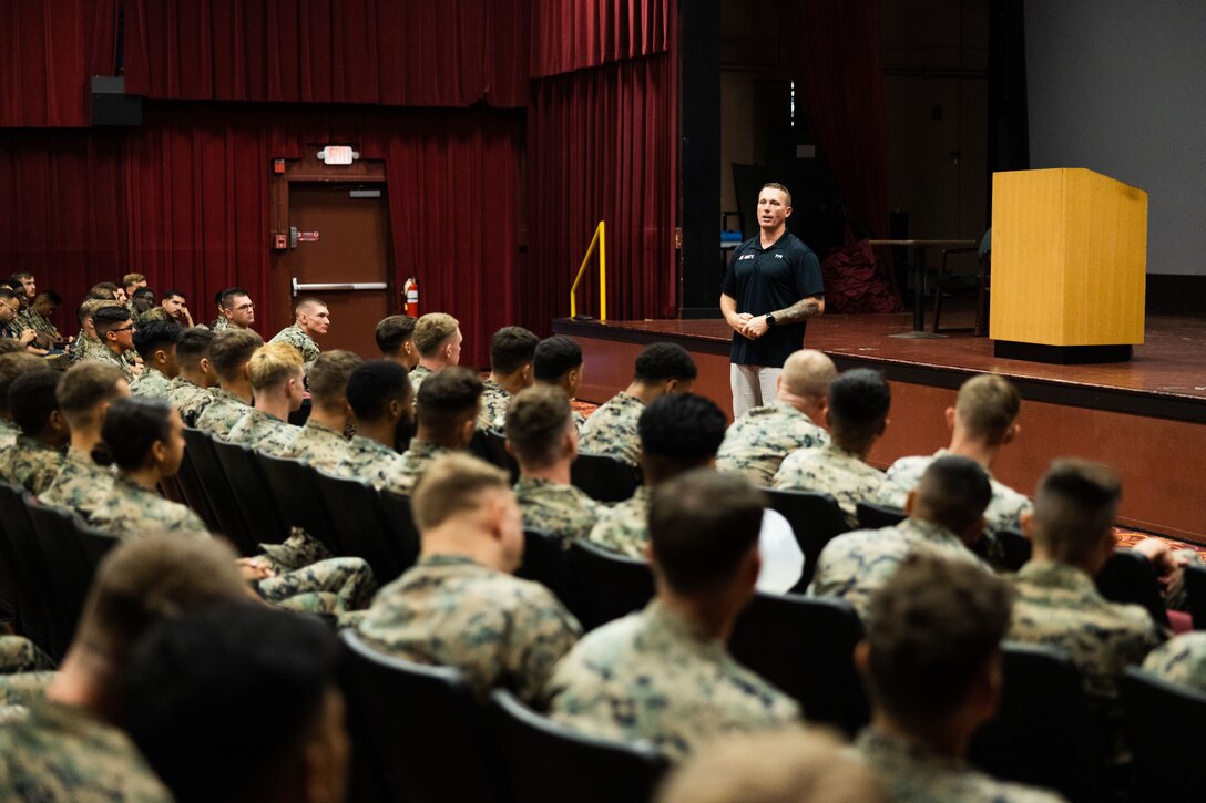 Dakota Meyer, Medal of Honor recipient, speaks to Marines stationed at Marine Corps Base Hawaii about leadership and the opportunities they have to impact the Marine Corps during a visit, MCBH, Oct. 18, 2023. Meyer, one of three Marine Corps Medal of Honor recipients during the war on terrorism, spoke with Marines and MCBH leadership about his experiences in the Marine Corps, his transition into civilian life, and the Medal of Honor award. (U.S. Marine Corps photo by Cpl. Chandler Stacy)