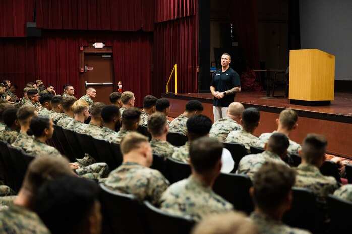 Dakota Meyer, Medal of Honor recipient, speaks to Marines stationed at Marine Corps Base Hawaii about leadership and the opportunities they have to impact the Marine Corps during a visit, MCBH, Oct. 18, 2023. Meyer, one of three Marine Corps Medal of Honor recipients during the war on terrorism, spoke with Marines and MCBH leadership about his experiences in the Marine Corps, his transition into civilian life, and the Medal of Honor award. (U.S. Marine Corps photo by Cpl. Chandler Stacy)