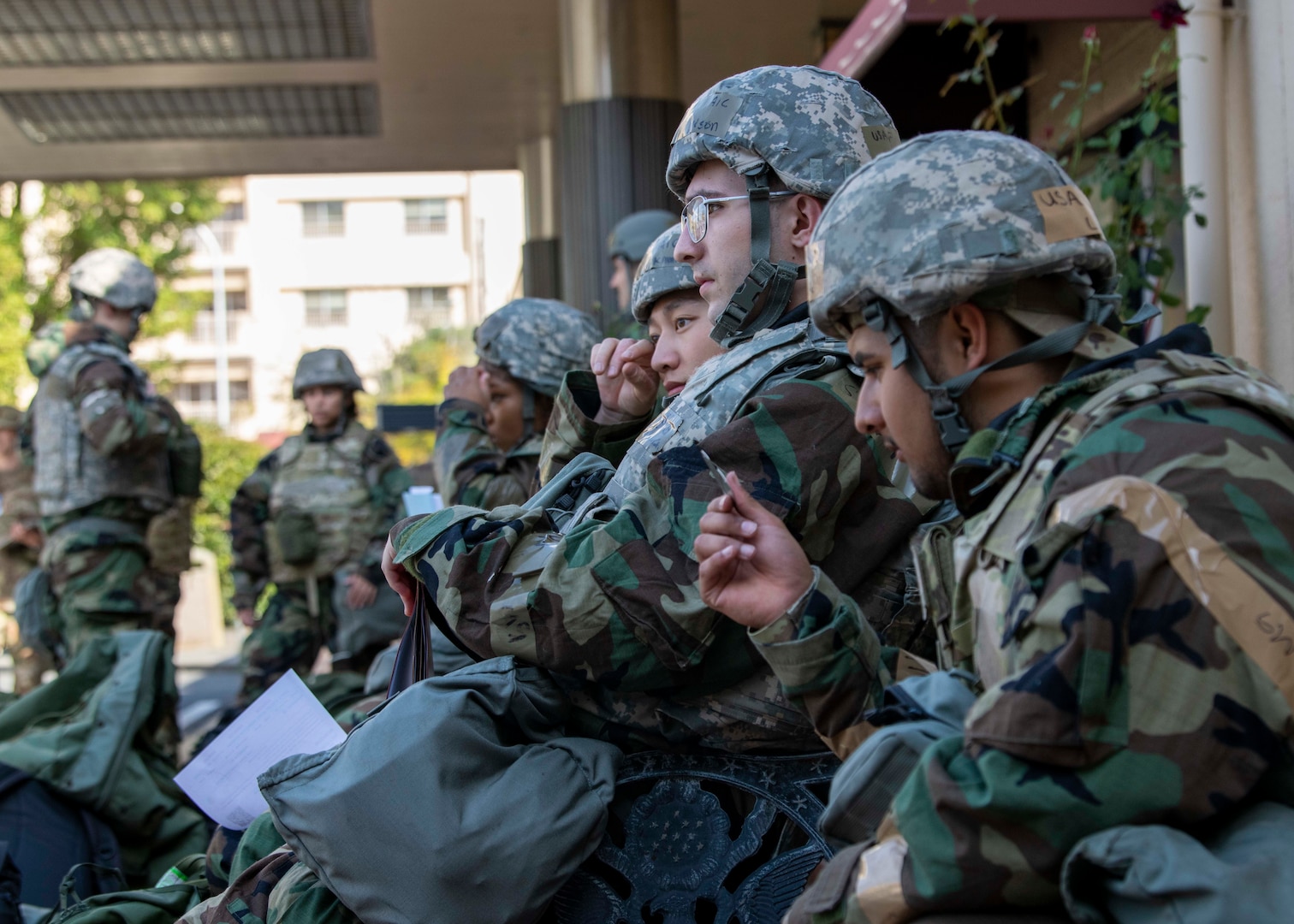 Airmen wait for transportation.