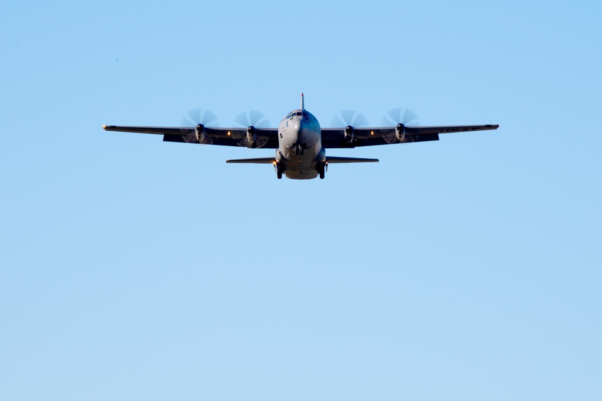 A C-130J Super Hercules aircraft flying